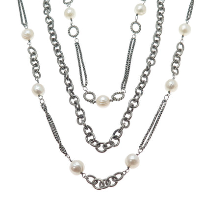 925 Sterling Vintage Pearl Heavy 124.5g Multi-Row Chain Oxidized Necklace 16-24"