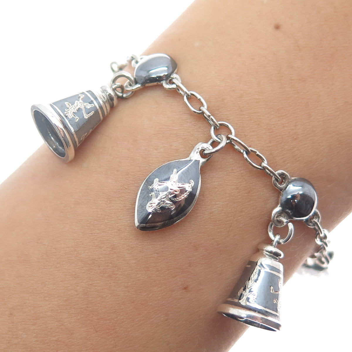 925 Sterling Silver Antique Siam Niello Hindu Goddess Bell Charm Bracelet 6.5"