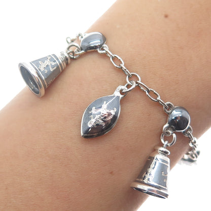 925 Sterling Silver Antique Siam Niello Hindu Goddess Bell Charm Bracelet 6.5"