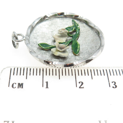 WELLS 925 Sterling Silver Vintage Enamel Flower Round Pendant