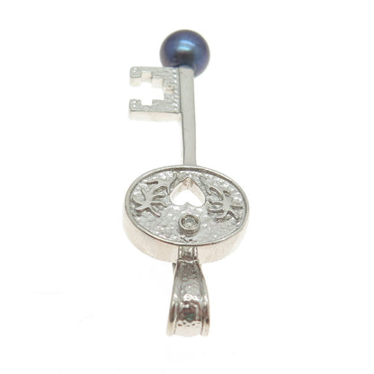 925 Sterling Silver Real White Diamond & Tahitian Pearl Key Pendant