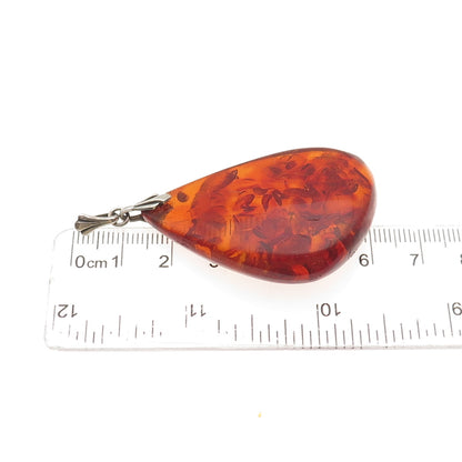835 Silver Vintage Real Amber Modernist Teardrop Pendant