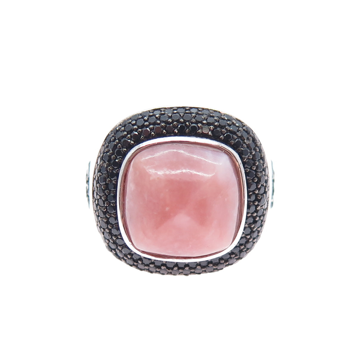 925 Sterling Silver Real Rhodonite & Black Spinel Modernist Ring Size 8