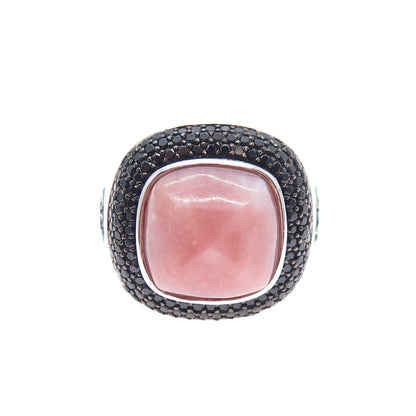 925 Sterling Silver Real Rhodonite & Black Spinel Modernist Ring Size 8