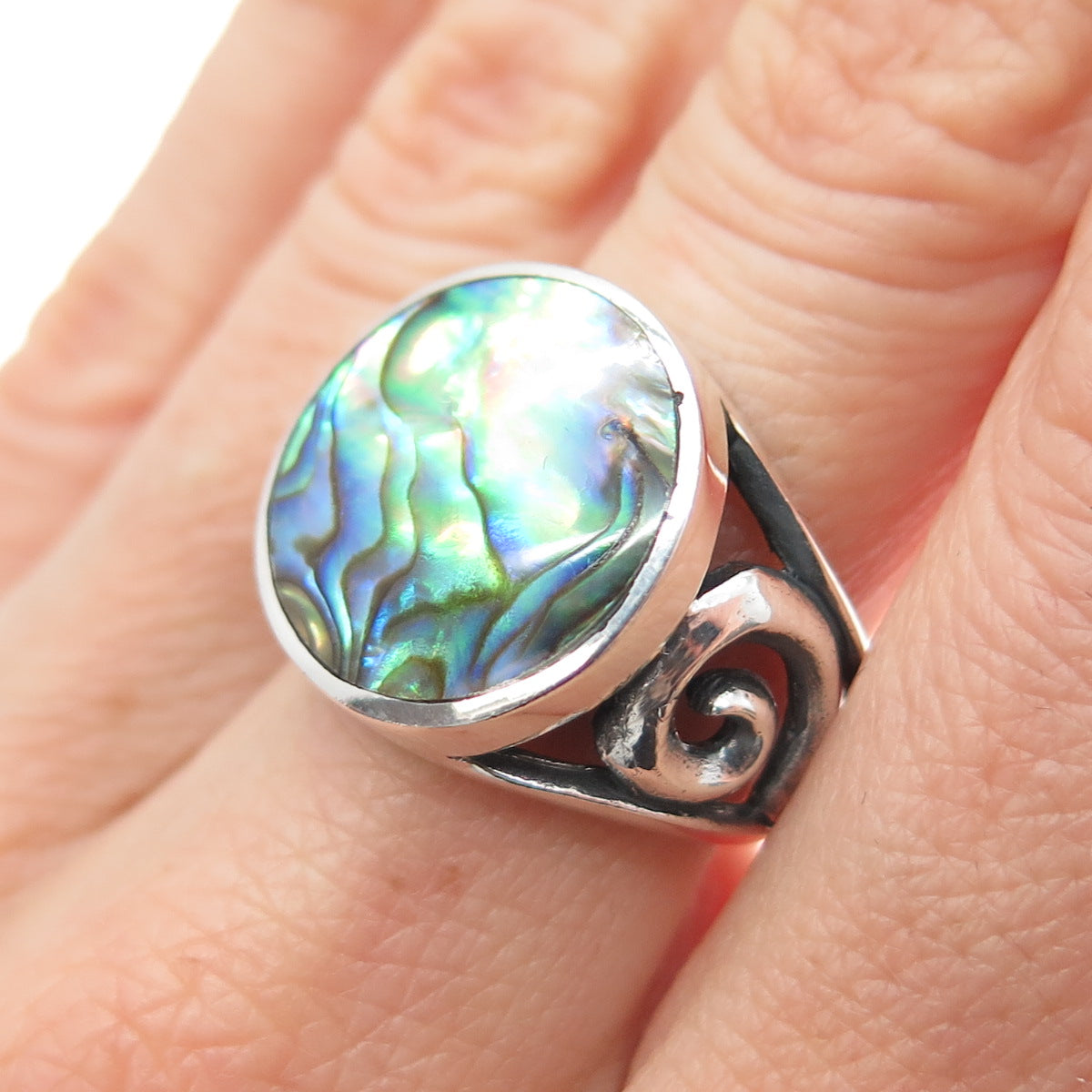 INDIGO 925 Sterling Silver Vintage Real Abalone Shell Spiral Ring Size 6.75
