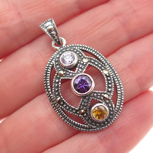 925 Sterling Silver Vintage Real Marcasite & Multi-Color C Z Oxidized Pendant