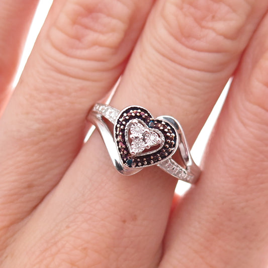 925 Sterling Silver Real Blue & White Diamond Heart Ring Size 6.75