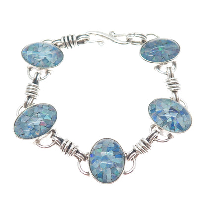 925 Sterling Silver Vintage Real Opal Inlay Station Link Bracelet 7"