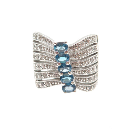 925 Sterling Silver Real London Blue & White Topaz Multi-Row Ring Size 7.5