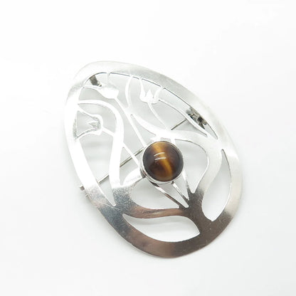 925 Sterling Silver Vintage Israel Real Tiger's Eye Floral Pin Brooch