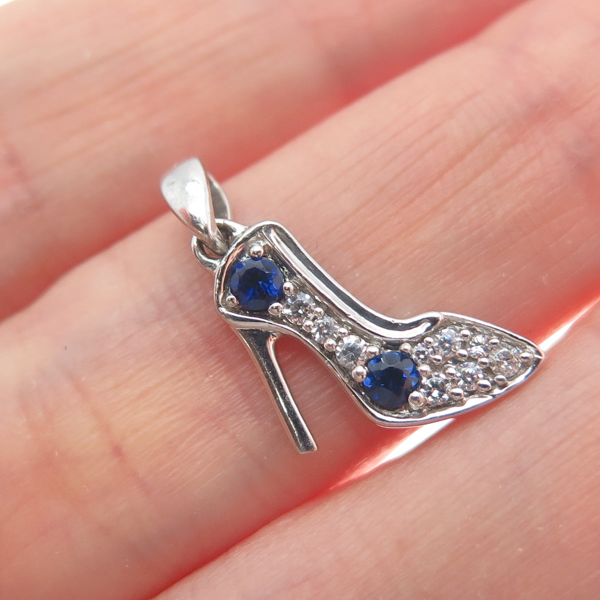 925 Sterling Silver Real Round-Cut Sapphire & C Z High Heel Shoe Mini Pendant