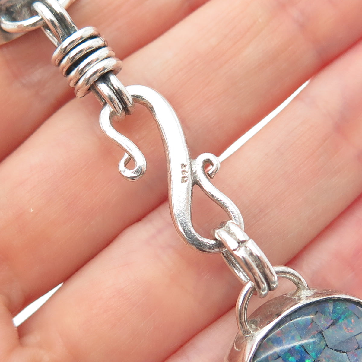 925 Sterling Silver Vintage Real Opal Inlay Station Link Bracelet 7"