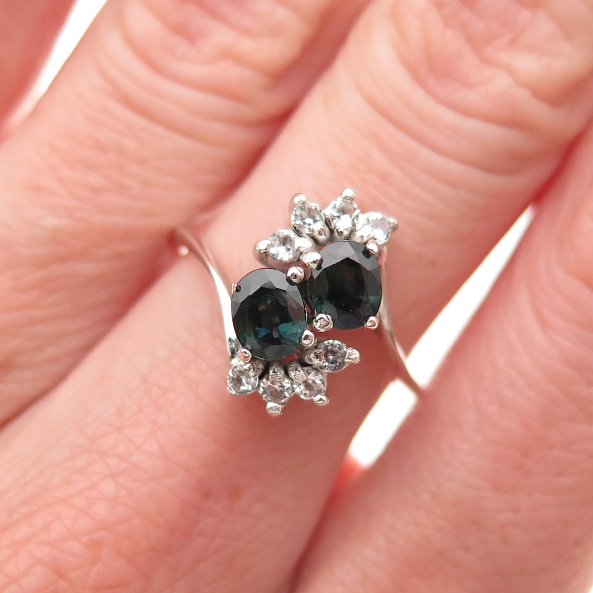 925 Sterling Silver Vintage Real Sapphire & C Z Bypass Ring Size 6.25