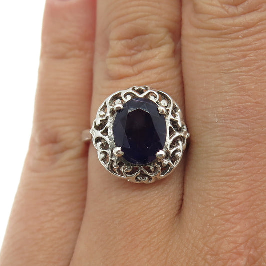 925 Sterling Silver Vintage Real Oval-Cut Amethyst Ornate Ring Size 6.75