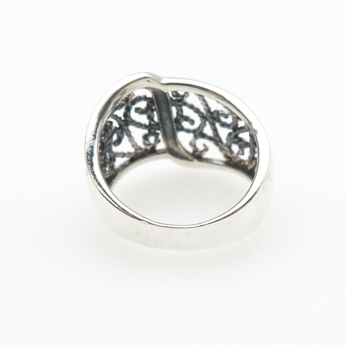 925 Sterling Silver Vintage Modernist Filigree Oxidized Ring Size 8