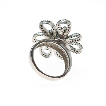 925 Sterling Silver Real Black Spinel & C Z Modernist Flower Ring Size 6.25