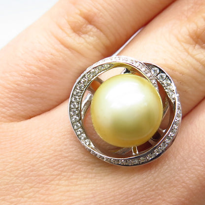 925 Sterling Silver Faux Pearl & Pave C Z Ring Size 6