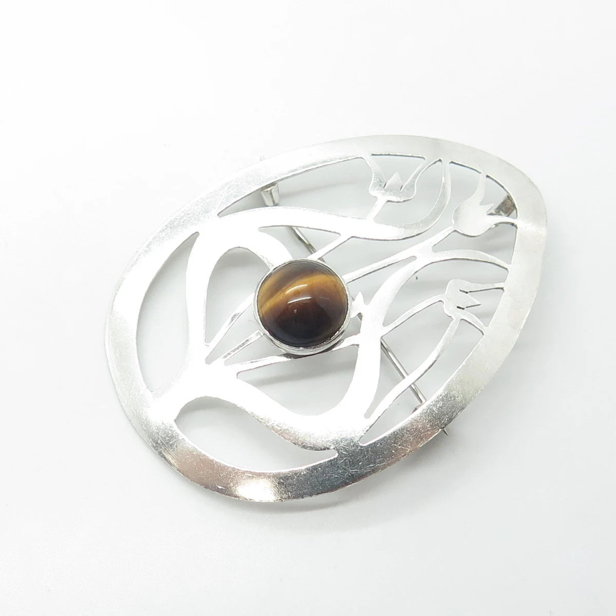 925 Sterling Silver Vintage Israel Real Tiger's Eye Floral Pin Brooch