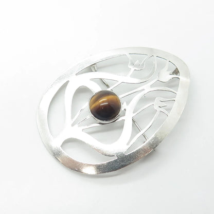 925 Sterling Silver Vintage Israel Real Tiger's Eye Floral Pin Brooch