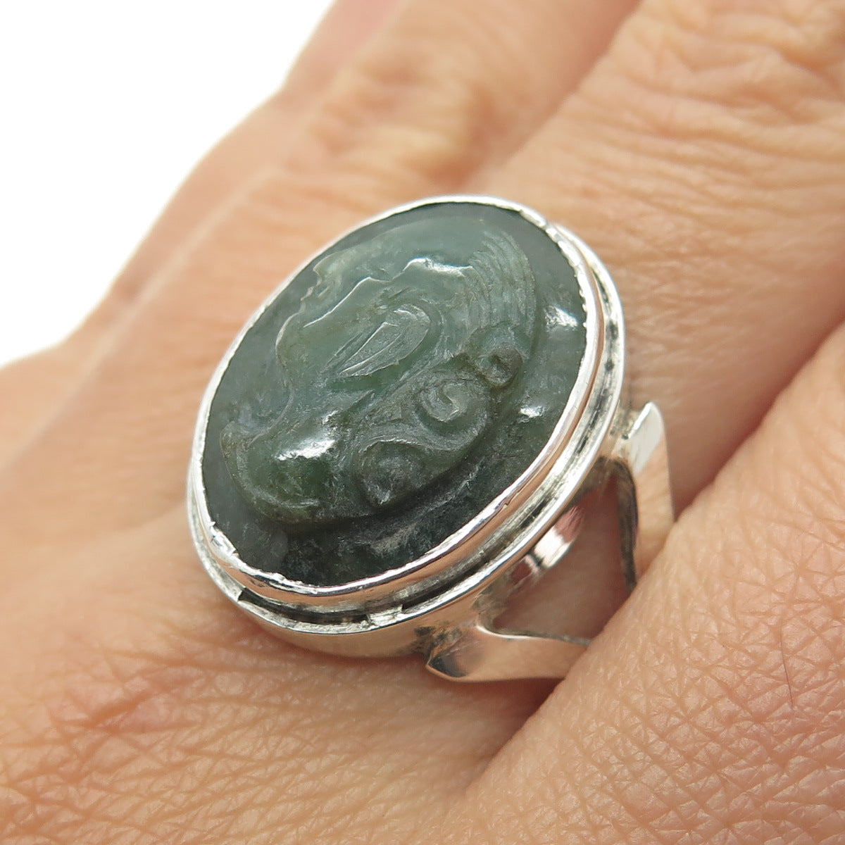 925 Sterling Silver Antique China Export Carved Jade Lady Cameo Ring Size 11.5