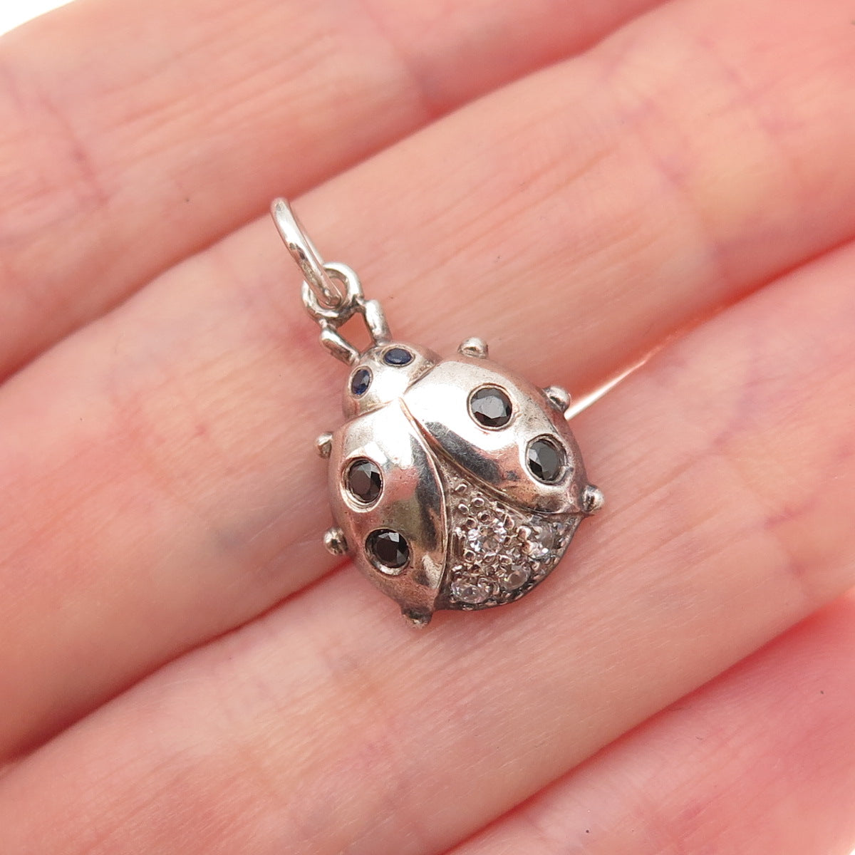 925 Sterling Silver Vintage Real Sapphire Spinel & C Z Ladybird Charm Pendant