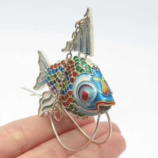 925 Sterling Silver Antique Enamel Chinese Koi Fish Articulated Chatelaine Fob