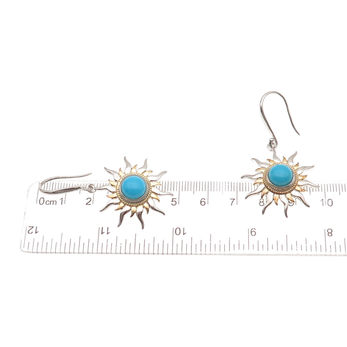 925 Sterling Silver 2-Tone Real Sleeping Beauty Turquoise Sun Dangle Earrings
