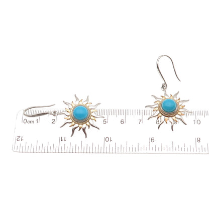 925 Sterling Silver 2-Tone Real Sleeping Beauty Turquoise Sun Dangle Earrings