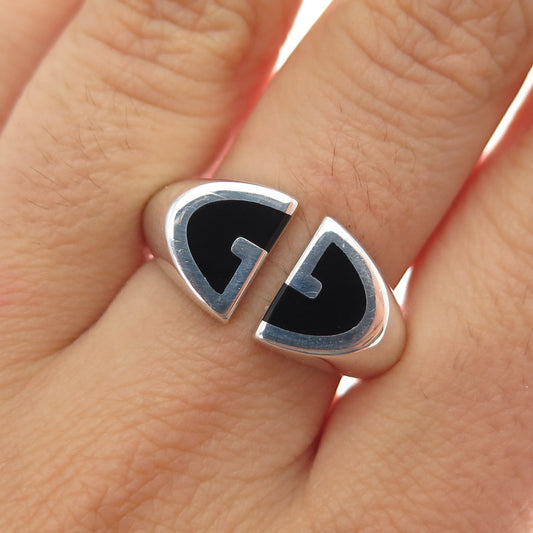 GUCCI Sterling Silver Vintage Italy Real Black Onyx GG Adjustable Ring Size 8.25