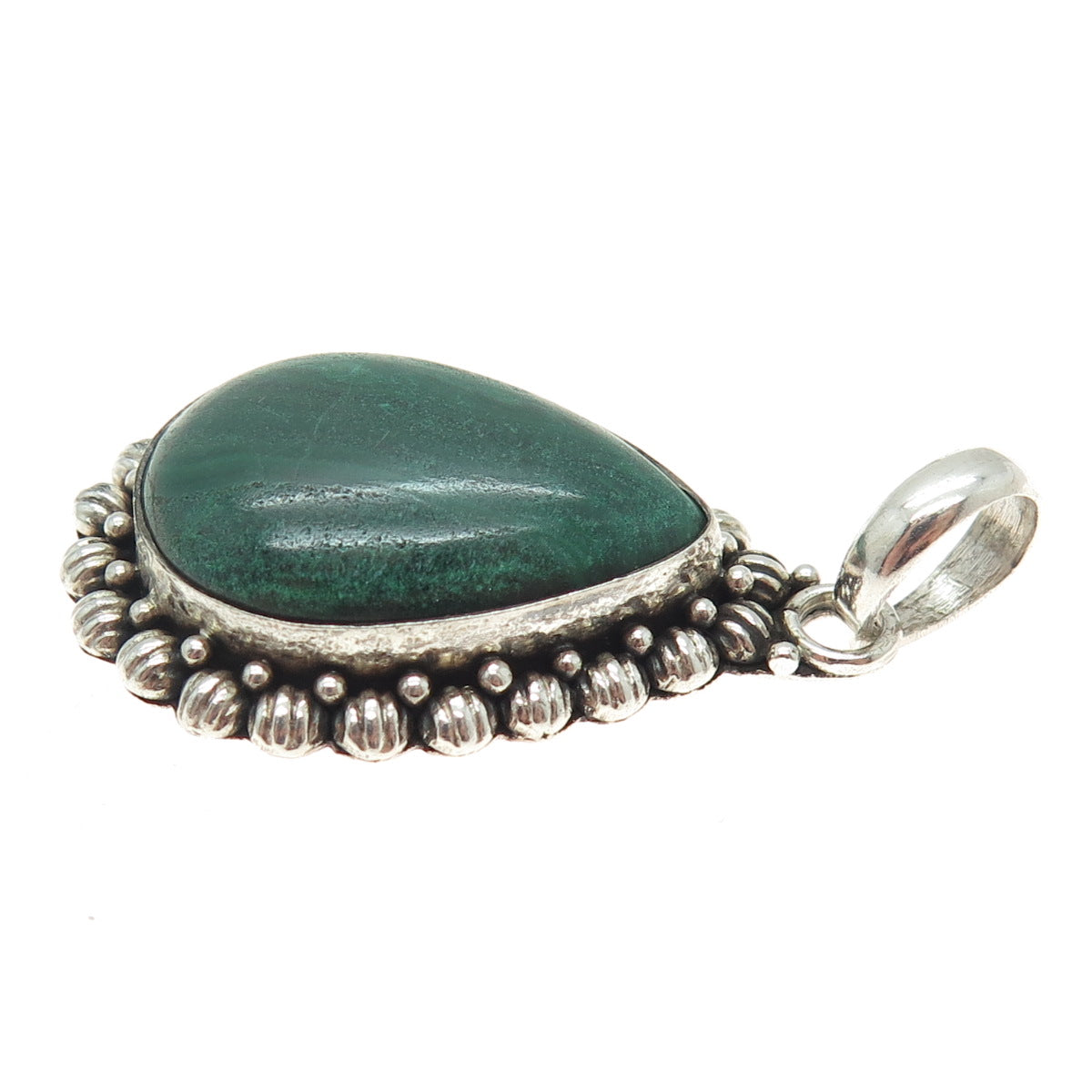 925 Sterling Silver Vintage Real Malachite Gemstone Ethnic Teardrop Pendant