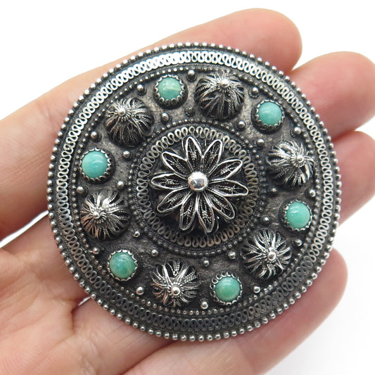 925 Sterling Silver Antique Israel Turquoise Gem Ethnic Eternal Curve Brooch