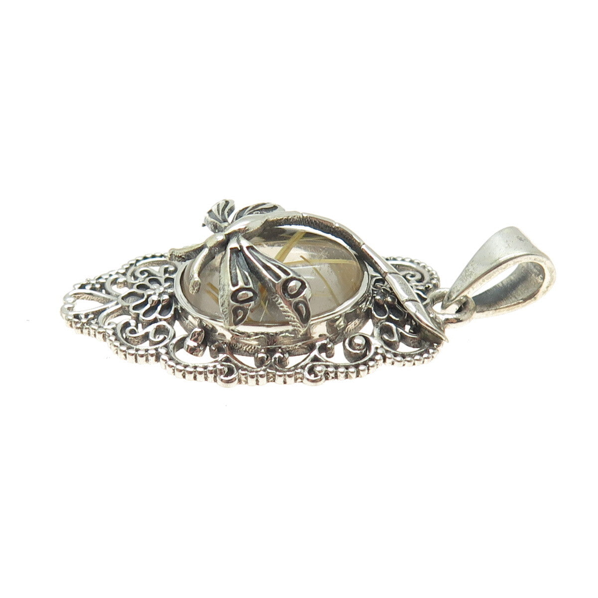 925 Sterling Silver Vintage Real Rutilated Quartz Dragonfly Oxidized Pendant