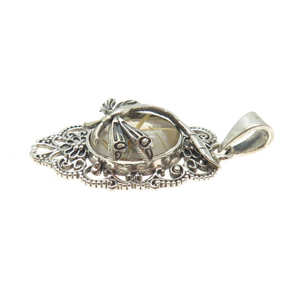 925 Sterling Silver Vintage Real Rutilated Quartz Dragonfly Oxidized Pendant