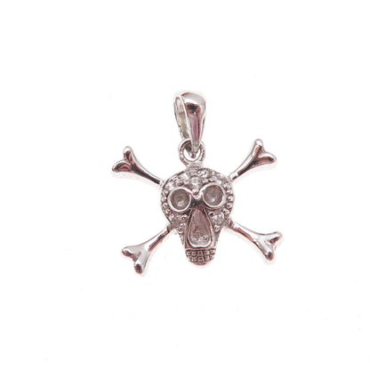 925 Sterling Silver Round-Cut C Z Skull & Crossbones Charm Pendant