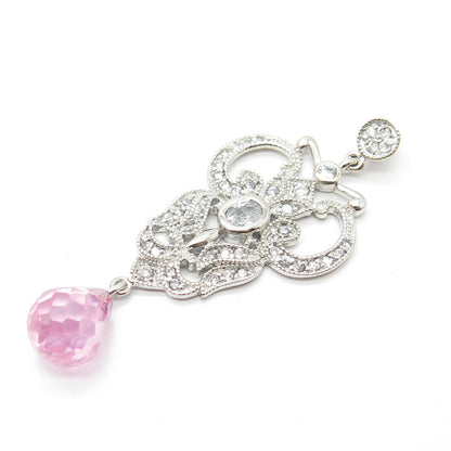 925 Sterling Silver Pink Glass & C Z Pendant