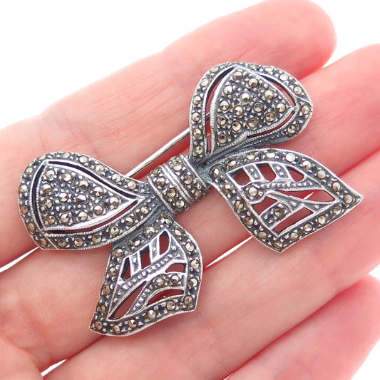925 Sterling Silver Vintage Real Marcasite Ribbon Bow Oxidized Pin Brooch