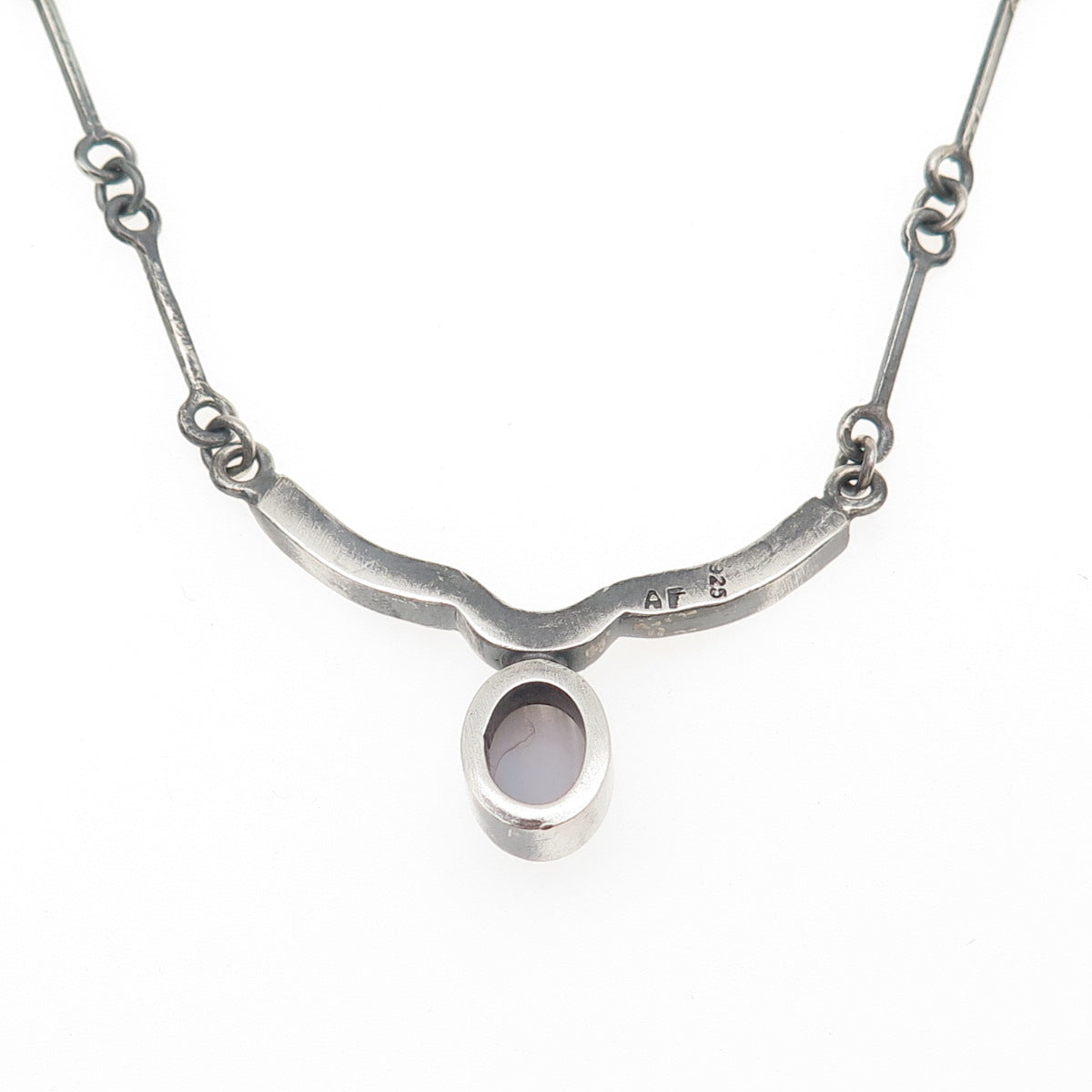 AF DESIGN 925 Sterling Silver Vintage Real Lace Agate Bar Chain Necklace 18"