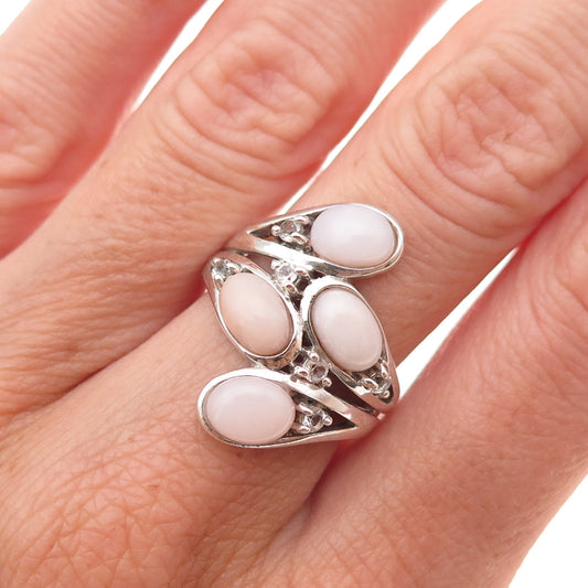 925 Sterling Silver Vintage Real Rose Quartz & C Z Modernist Ring Size 7