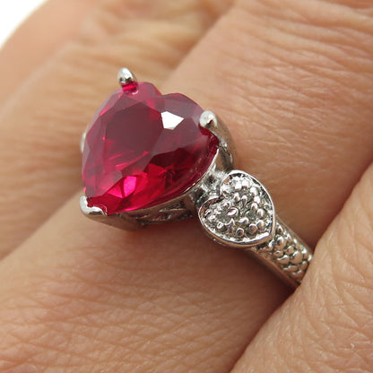 925 Sterling Silver Real Diamond & Lab-Created Ruby Heart Ring Size 7.5