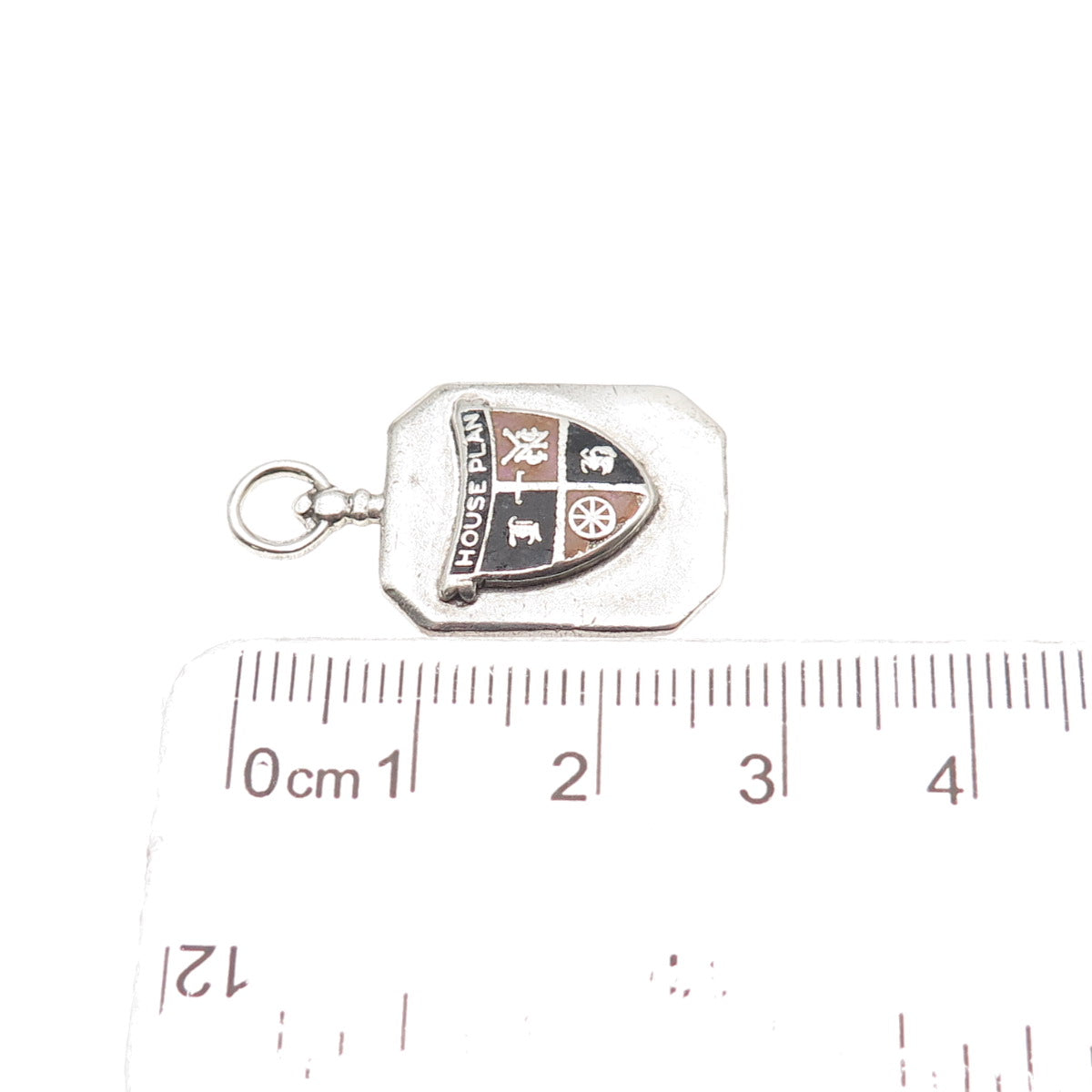 925 Sterling Silver Antique Art Deco Enamel House Plan Coat of Arms Fob Pendant