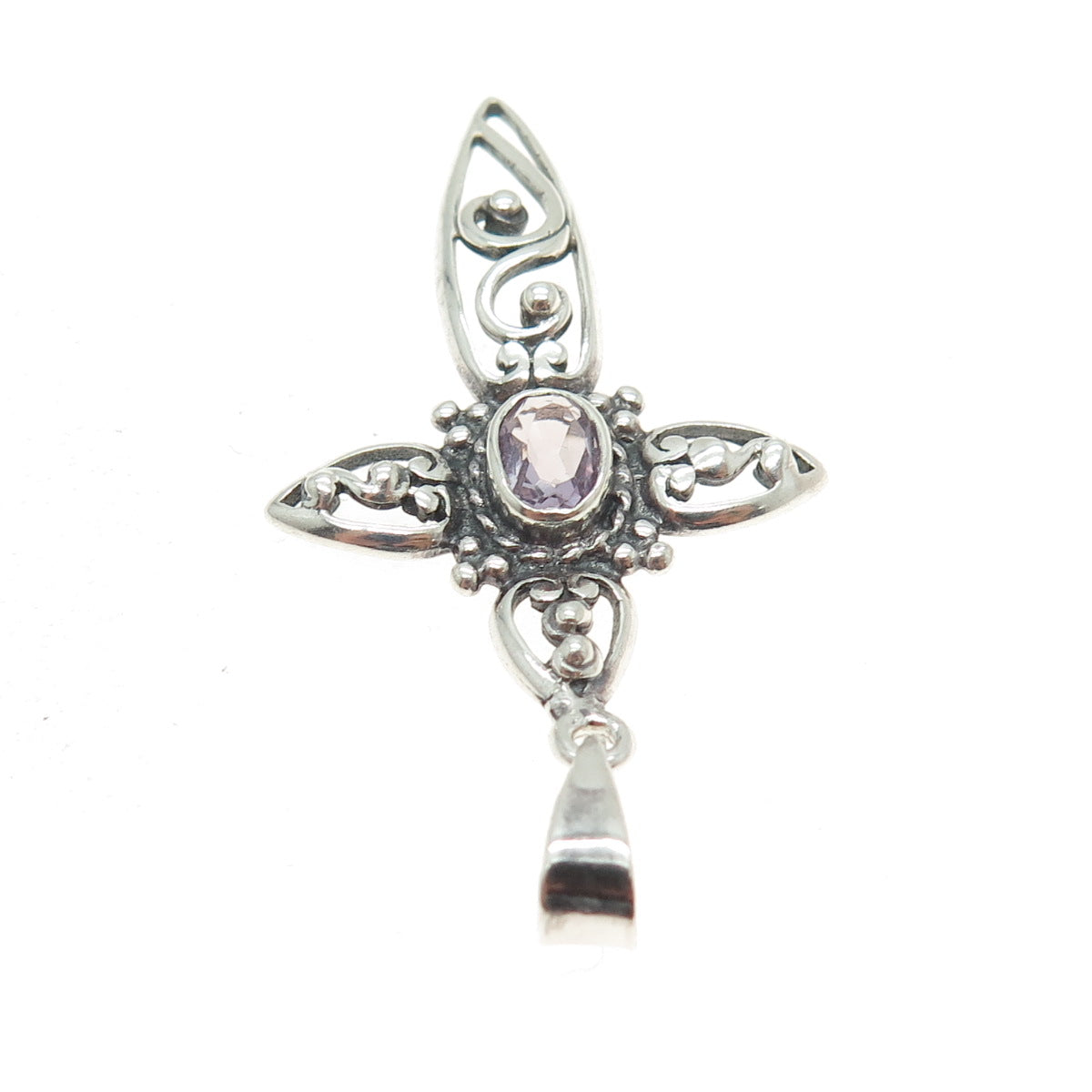 925 Sterling Silver Vintage Real Amethyst Gemstone Cross Pendant