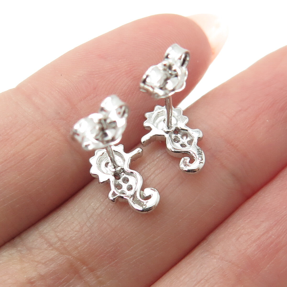 925 Sterling Silver Enamel Round-Cut C Z Seahorse Stud Earrings