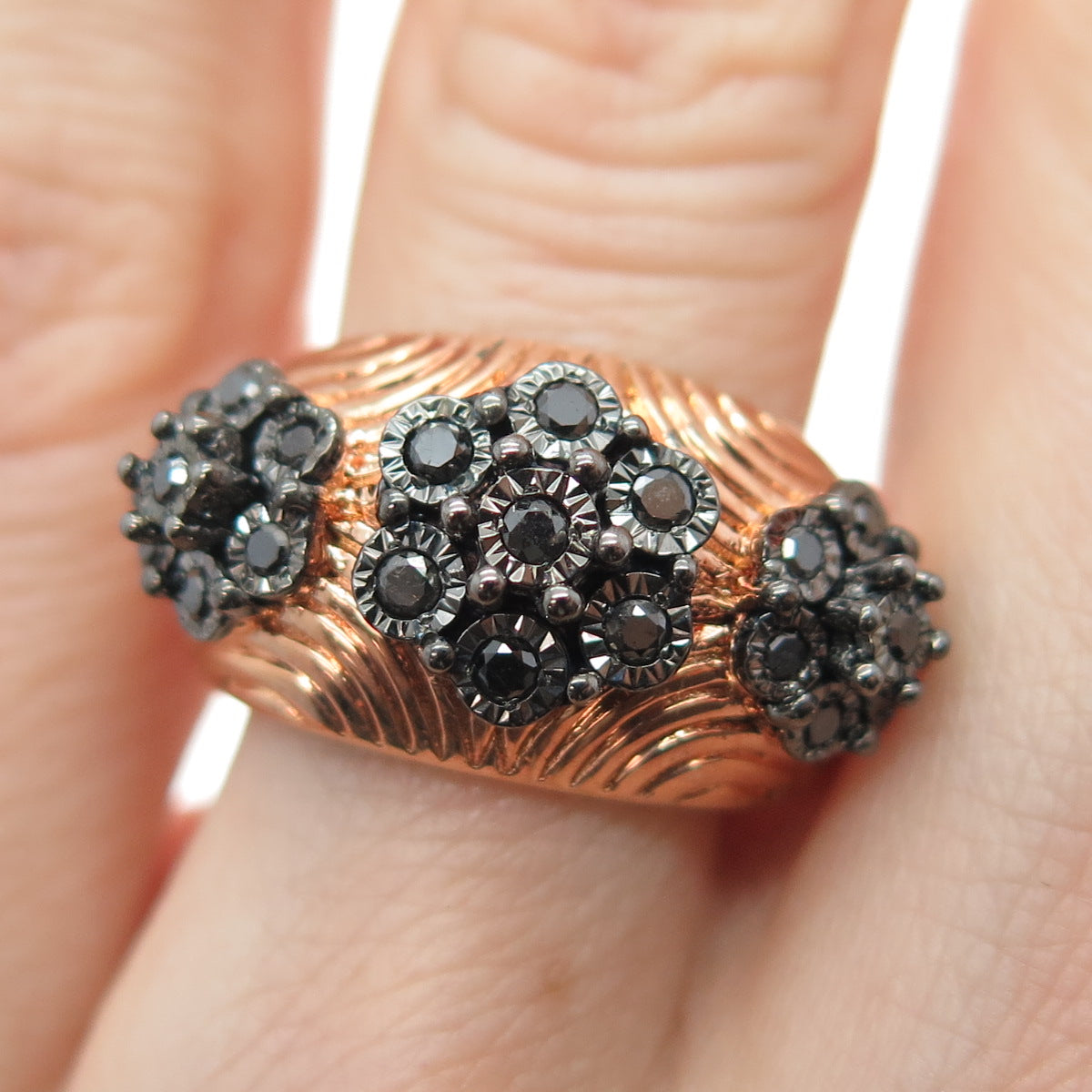 MDJ Michael Drechsler 925 Sterling Rose Gold Plated Black Diamond Ring Size 6.25
