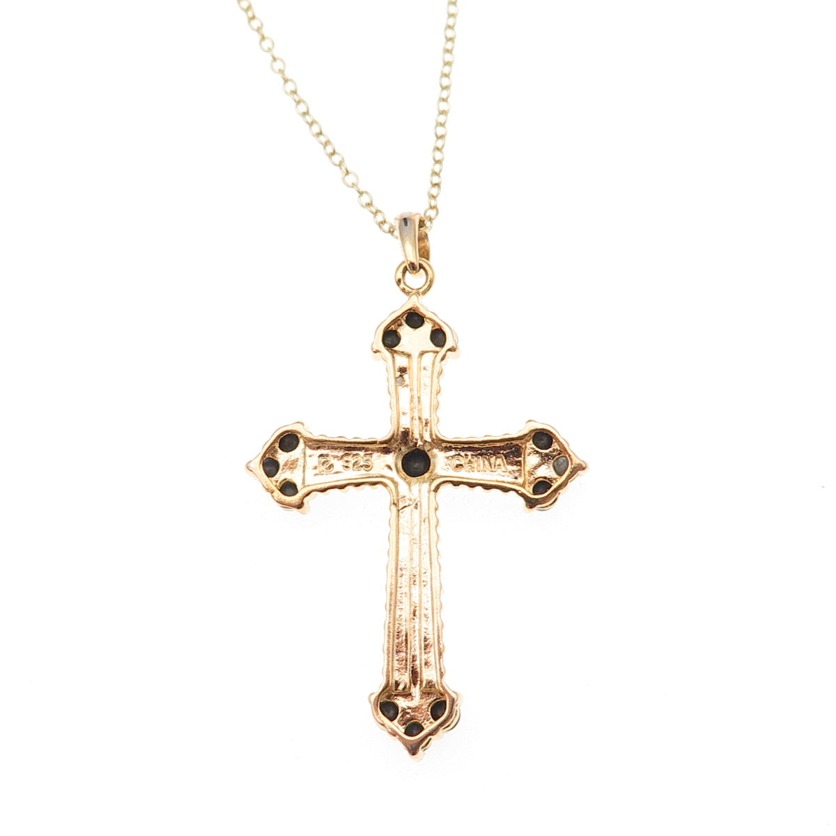 Ross Simons Sterling Gold Plated Real Diamond Accent Sapphire Cross Necklace 18"