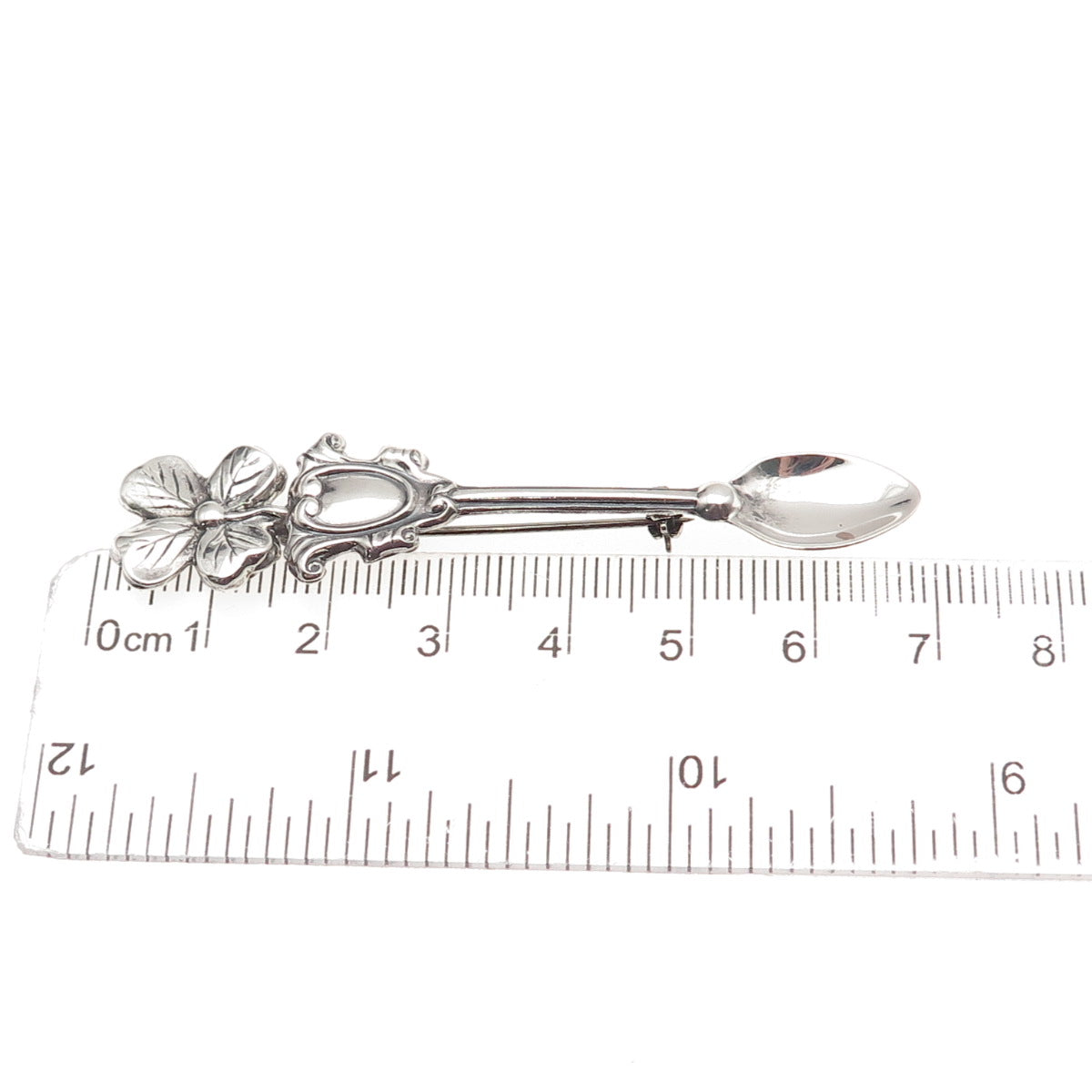 925 Sterling Silver Antique Art Deco Clover Salt & Spices Spoon Pin Brooch