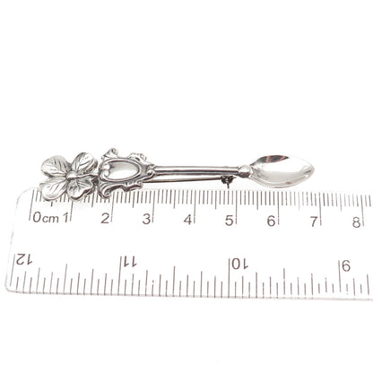 925 Sterling Silver Antique Art Deco Clover Salt & Spices Spoon Pin Brooch