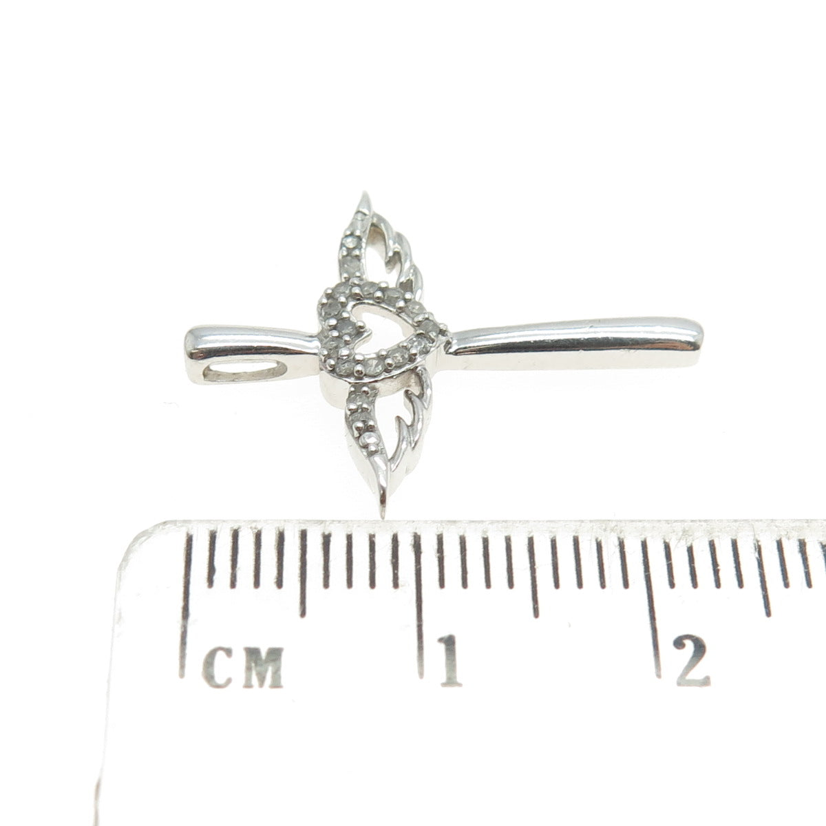 925 Sterling Silver Real Round-Cut Diamond Cross Heart Angel Wings Pendant