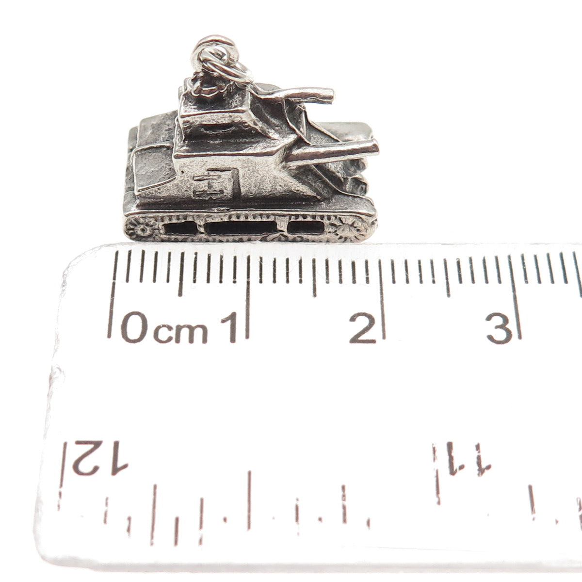 925 Sterling Silver Vintage Army Tank Oxidized 3D Mini Charm Pendant