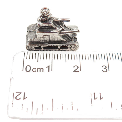 925 Sterling Silver Vintage Army Tank Oxidized 3D Mini Charm Pendant