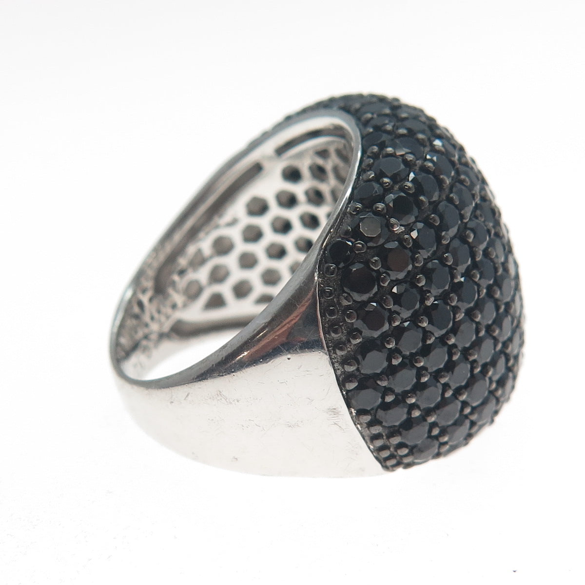 925 Sterling Silver Real Black Spinel Gemstone Cluster Wide Ring Size 7